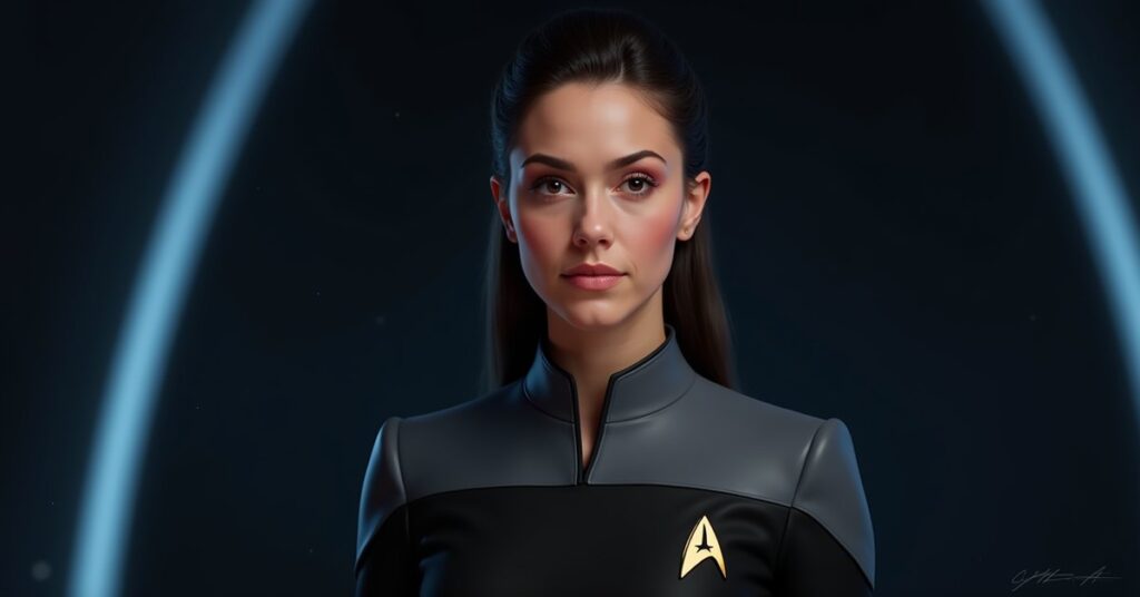 Star Trek Fleet Command officer portrait of Rachel Garrett in a Section 31 uniform against a dark starfield background.