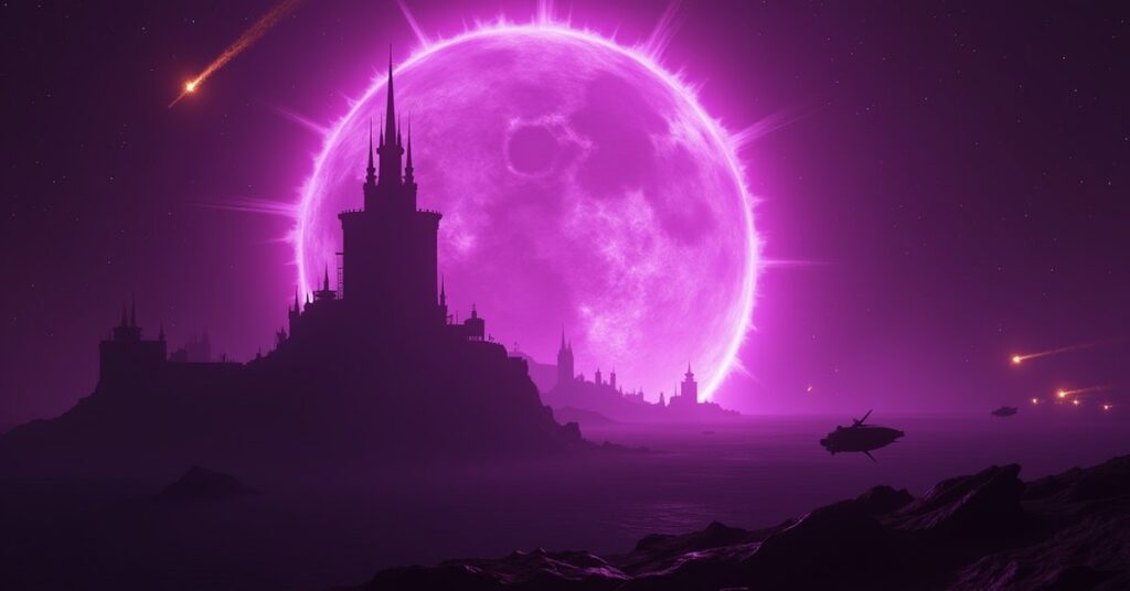 Khan's outpost beside a churning spatial anomaly with warships closing in, Star Trek Fleet Command style key art