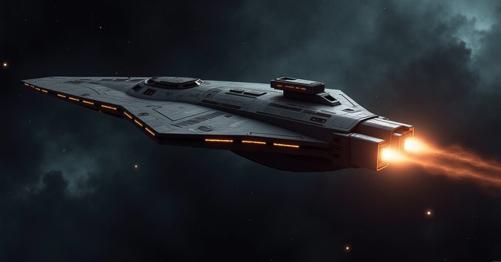 Neutral raider interceptor ship firing weapons in deep space, Star Trek Fleet Command hostile key art