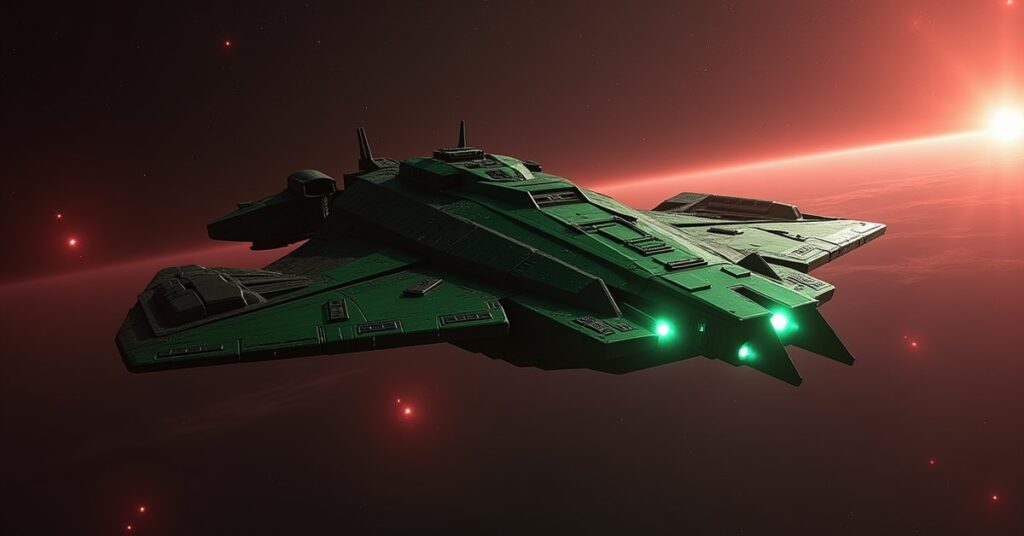 A Reman Bounty Hunter warship patrolling a dark Romulan border system in Star Trek Fleet Command