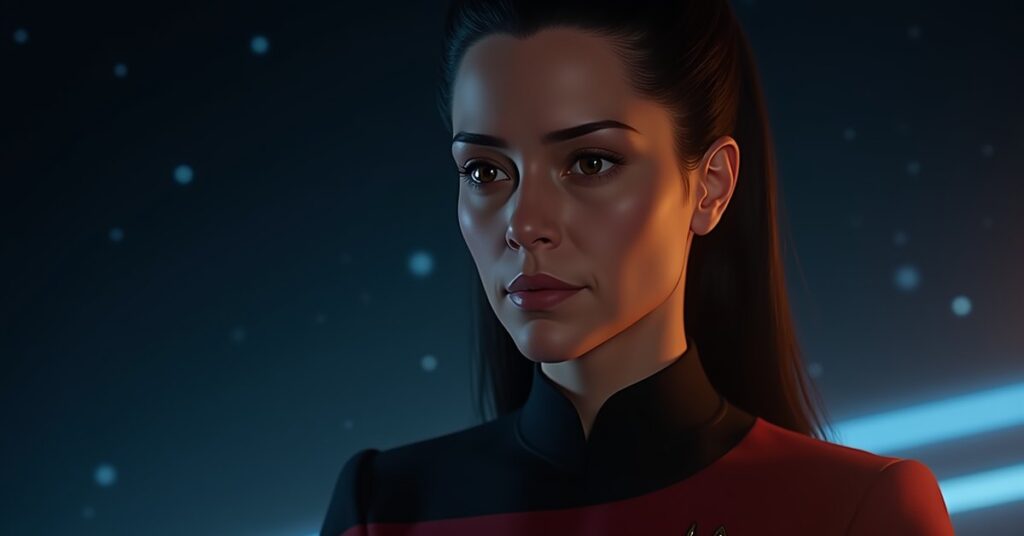 Officer Romi portrait for a Star Trek Fleet Command rare science officer guide.