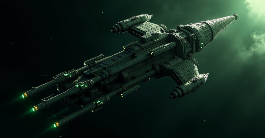 Romulan Citadel armada structure firing in deep space, Star Trek Fleet Command key art style