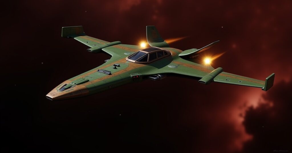Romulan Elite Assassin warship, a green Tal Shiar warbird with raptor wings in deep space