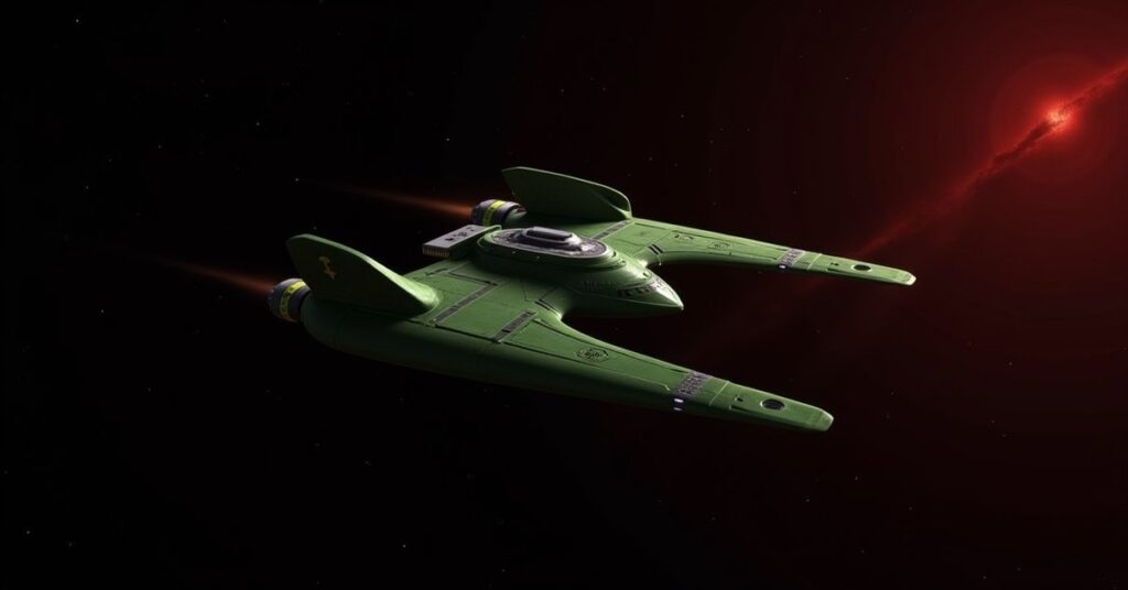 Romulan warbird styled as the Romulan Imperial Legion hostile, cloaking green hull against a starfield