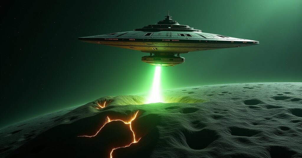 Romulan mining ship firing a green drilling beam into a planet's crust in deep space