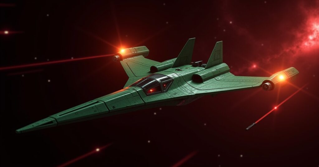 A green Romulan warbird patrolling the dark edge of Romulan space in Star Trek Fleet Command