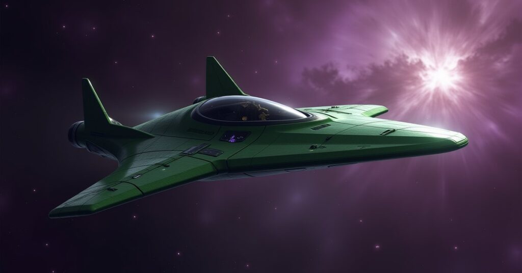 Romulan Republic Cruiser, a Mirror Universe Explorer hostile, gliding through dark green-lit space in Star Trek Fleet Command
