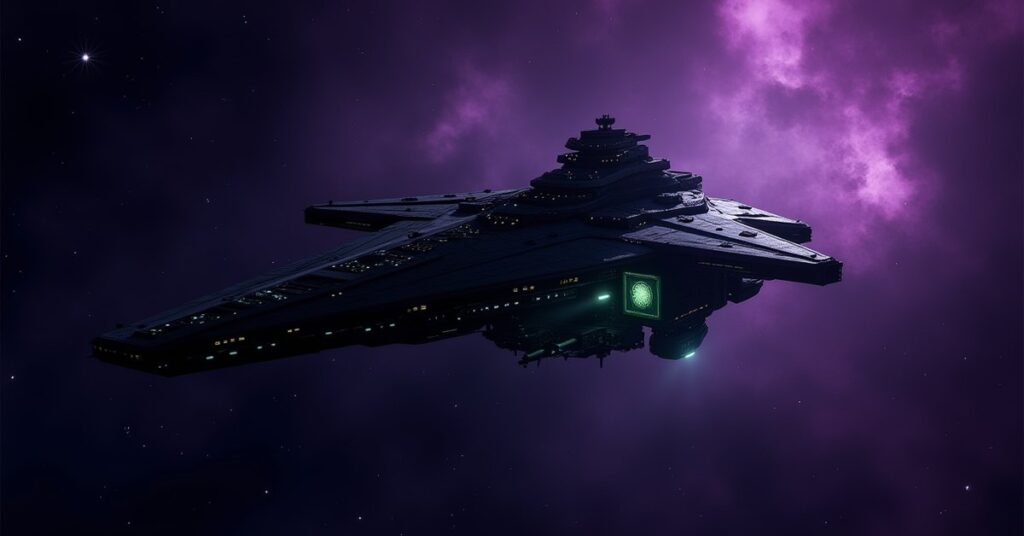 Romulan Republic Dreadnought battleship hostile from Star Trek Fleet Command in a Mirror Universe starfield