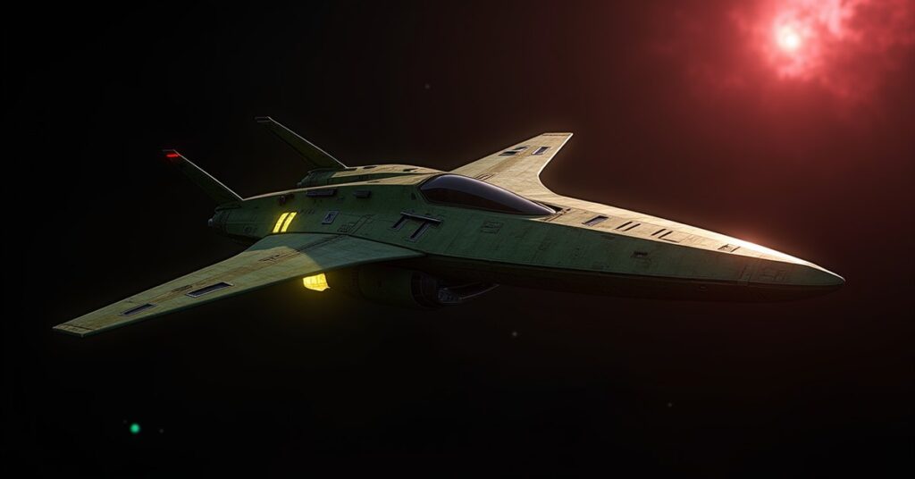 A Mirror Universe Romulan Interceptor warship, the Romulan Republic Sentry, drifting through deep space