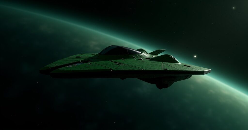A Romulan Interceptor scout ship patrolling deep space, Star Trek Fleet Command key-art style.