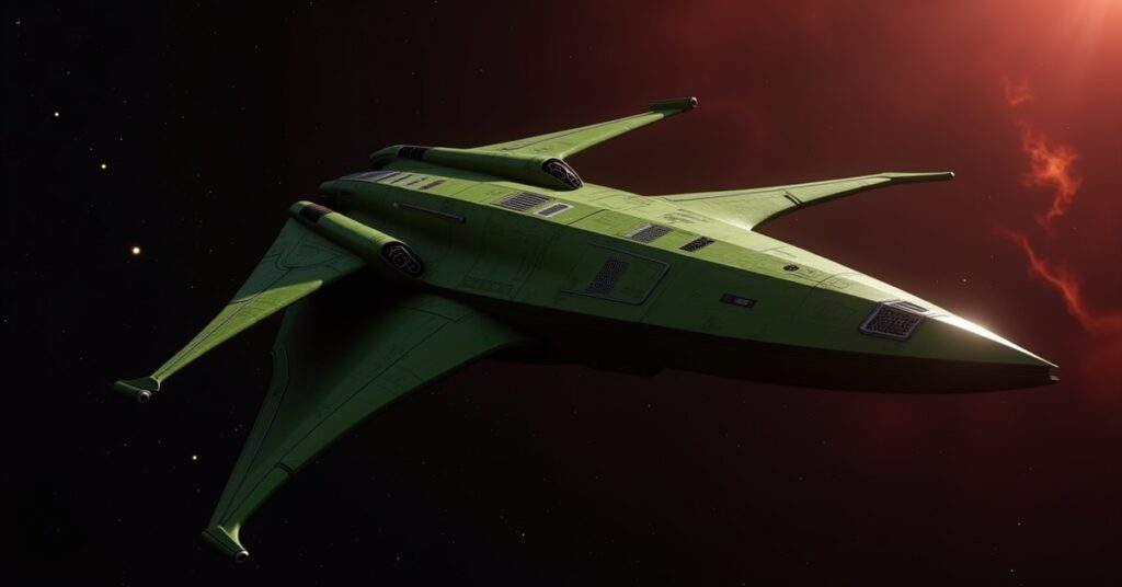 Romulan Sedes Virtutis warbird, a cloaked Romulan solo armada ship firing in deep space, STFC key-art style
