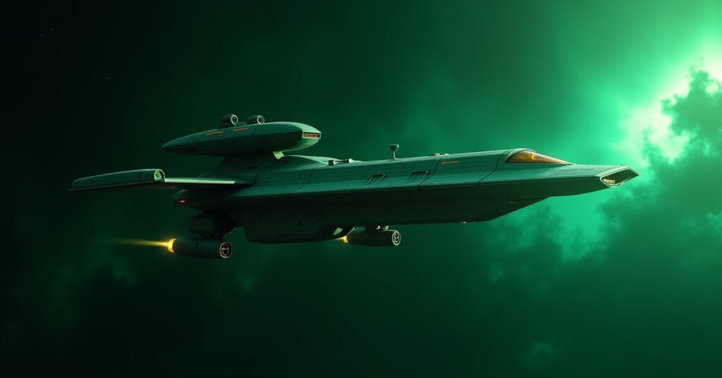 Romulan Supply Ship freighter cruising past a green nebula in Star Trek Fleet Command key art