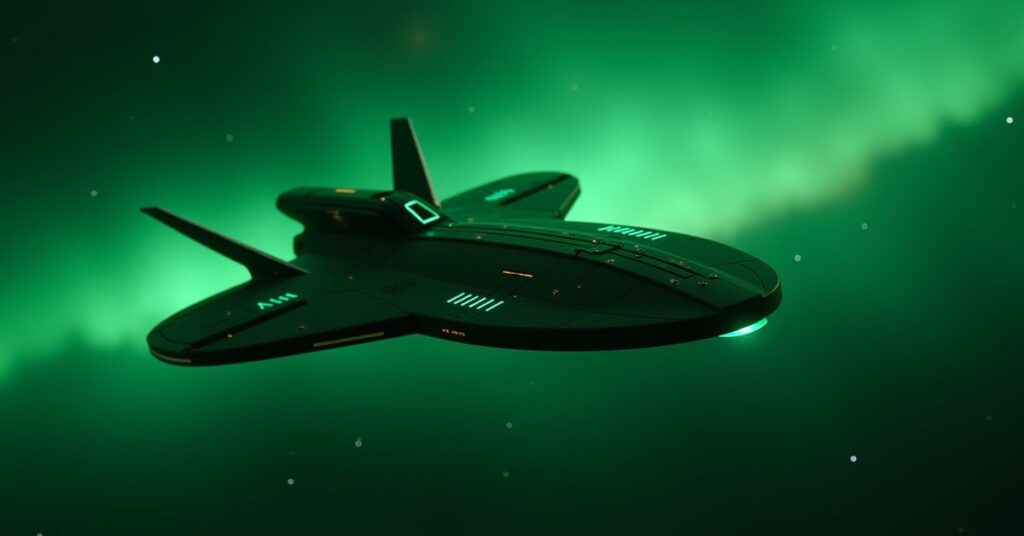 A green Romulan trade vessel drifting past a nebula near a Star Empire outpost, Star Trek Fleet Command key-art style