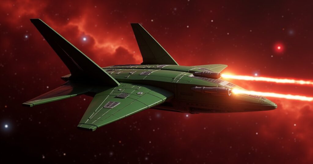 Romulan Trained Fighter warbird firing on a player ship in deep space, game key-art style