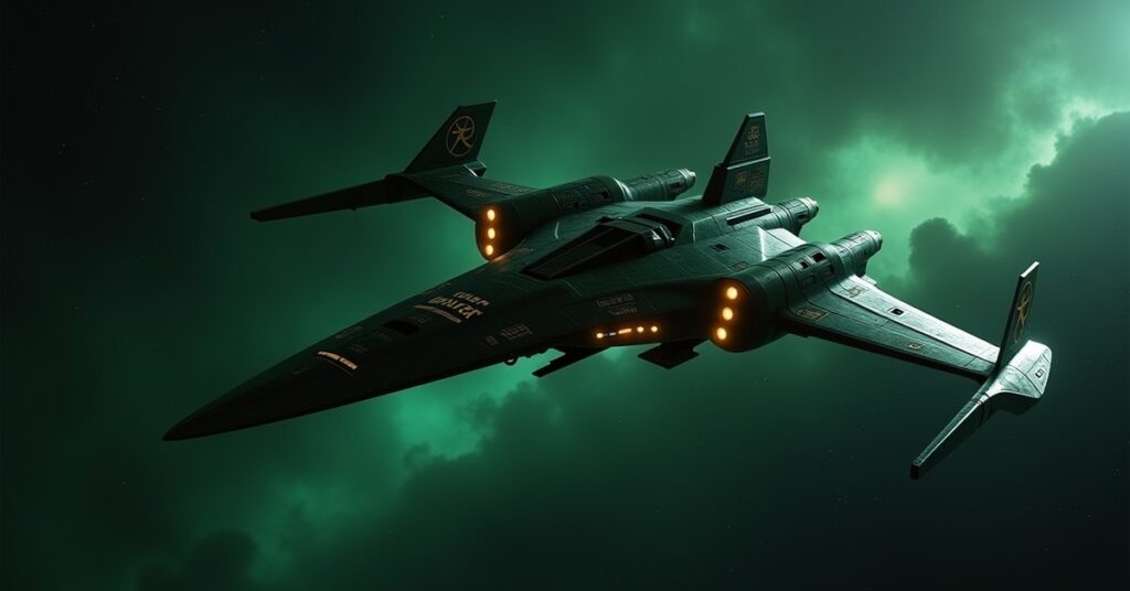 Romulan Vanquisher survey warbird firing in deep space, green hull and sweeping wings, Star Trek Fleet Command key art style