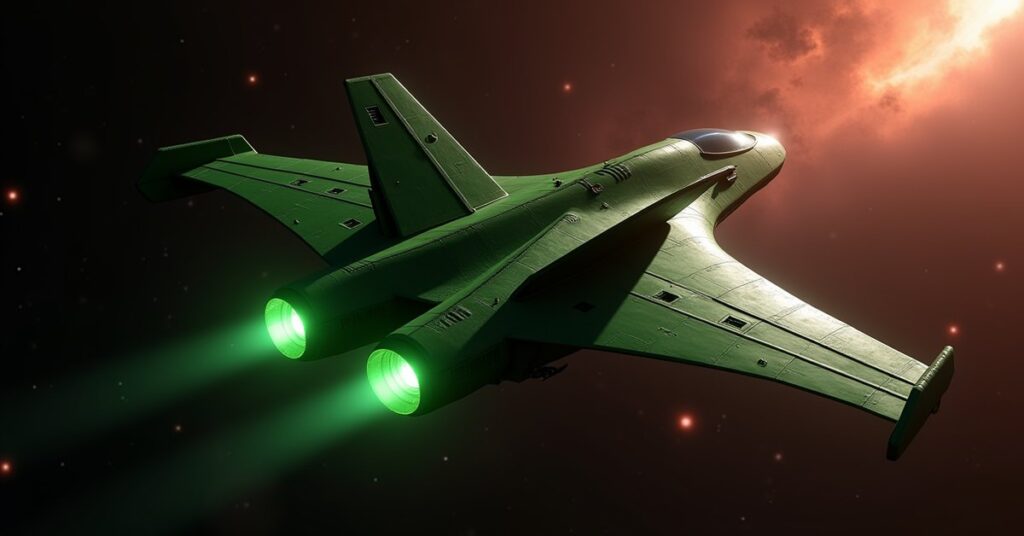 Green Romulan Velite warbird firing energy weapons against a starfield in deep space
