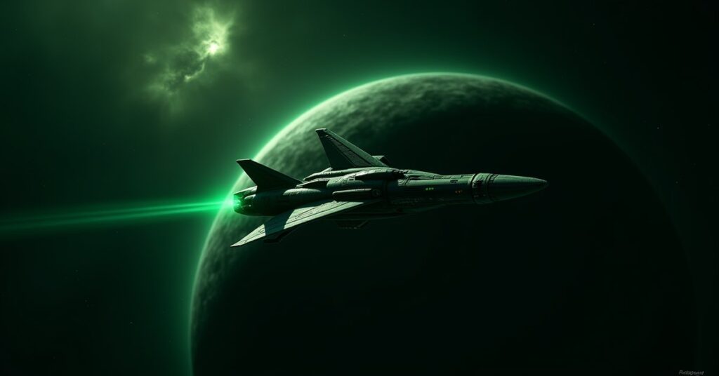 Romulan War Coalition Interceptor warbird patrolling deep space near a green gas giant in Star Trek Fleet Command.