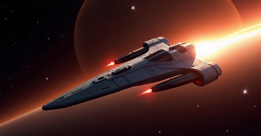 Rotarran Interceptor Ship in Star Trek Fleet Command: the ship banking through a nebula, running lights lit.