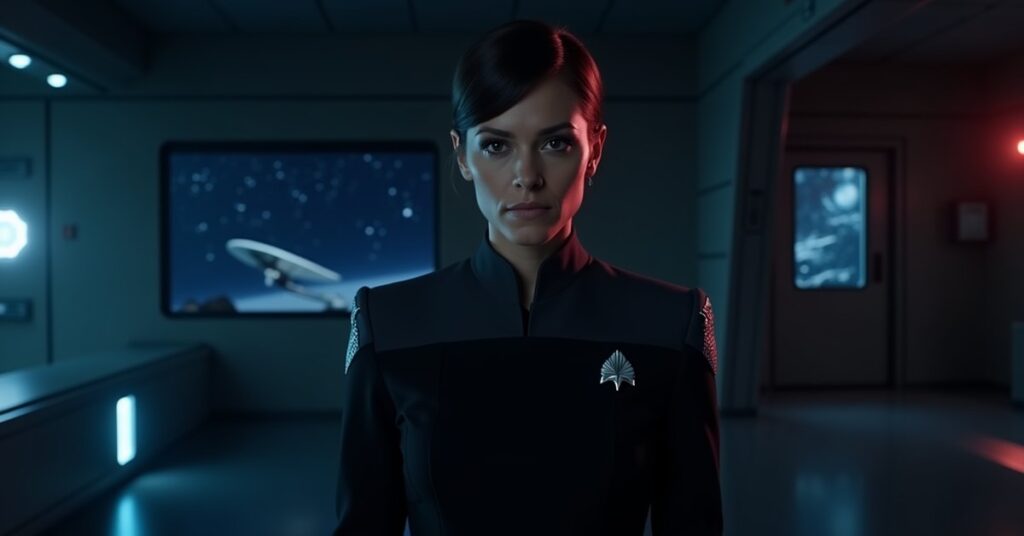 S31 Georgiou in a dark Section 31 uniform, lit blue and red on a starbase, in a Star Trek Fleet Command officer portrait.