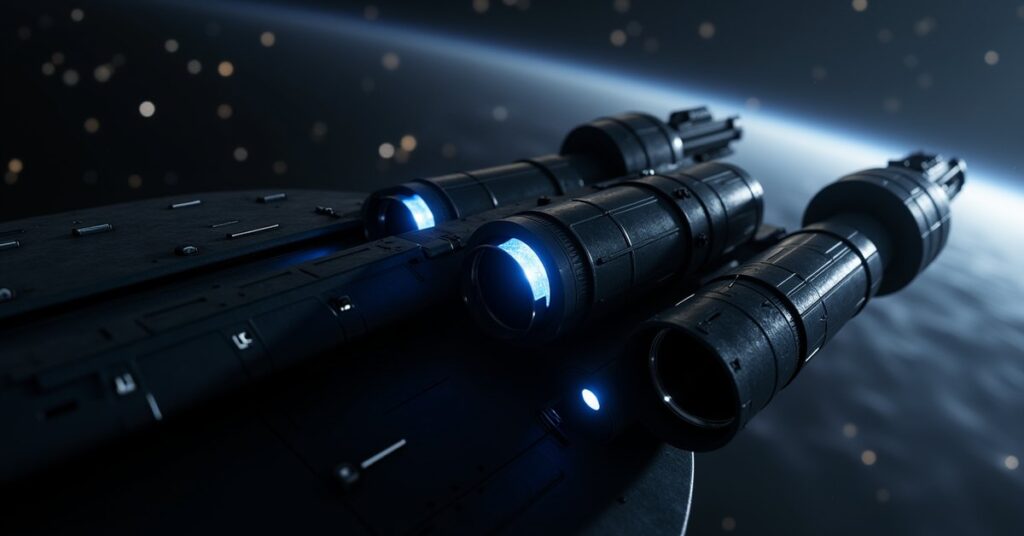 Section 31 long-range torpedo pods glowing on a battleship hull in deep space, Star Trek Fleet Command key-art style