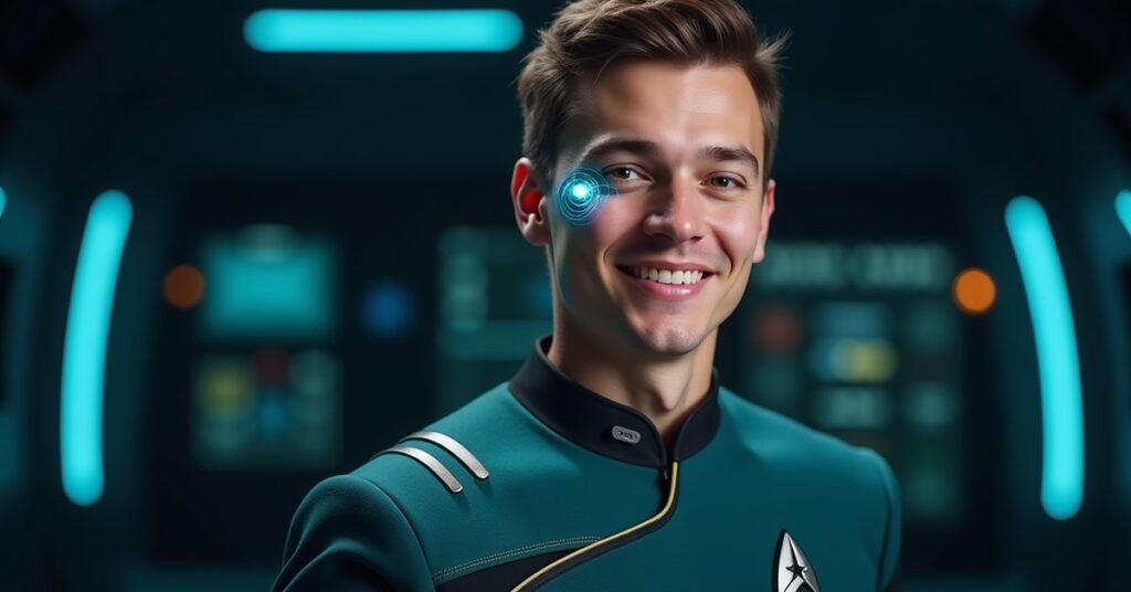 Sam Rutherford STFC officer card art: Lower Decks engineer ensign with cybernetic oculus implant in a Starfleet uniform.