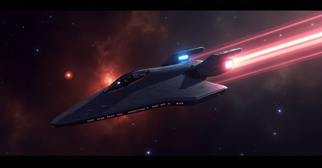 Sanctus Interceptor in Star Trek Fleet Command: the ship banking through a nebula, running lights lit.