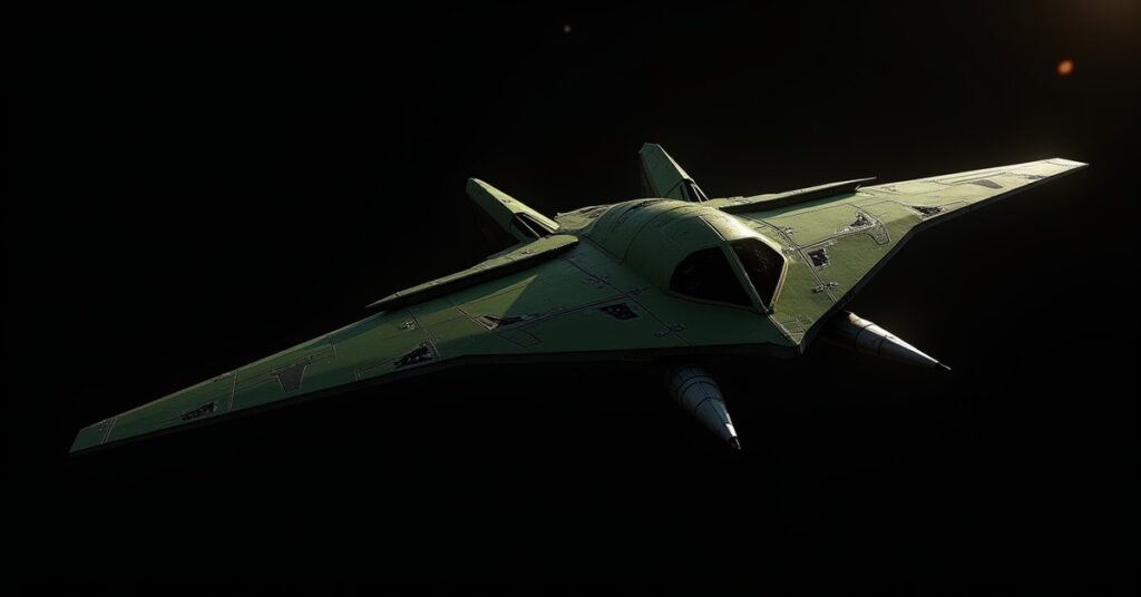 Romulan Scimitar battleship decloaking against a dark starfield in Star Trek Fleet Command END