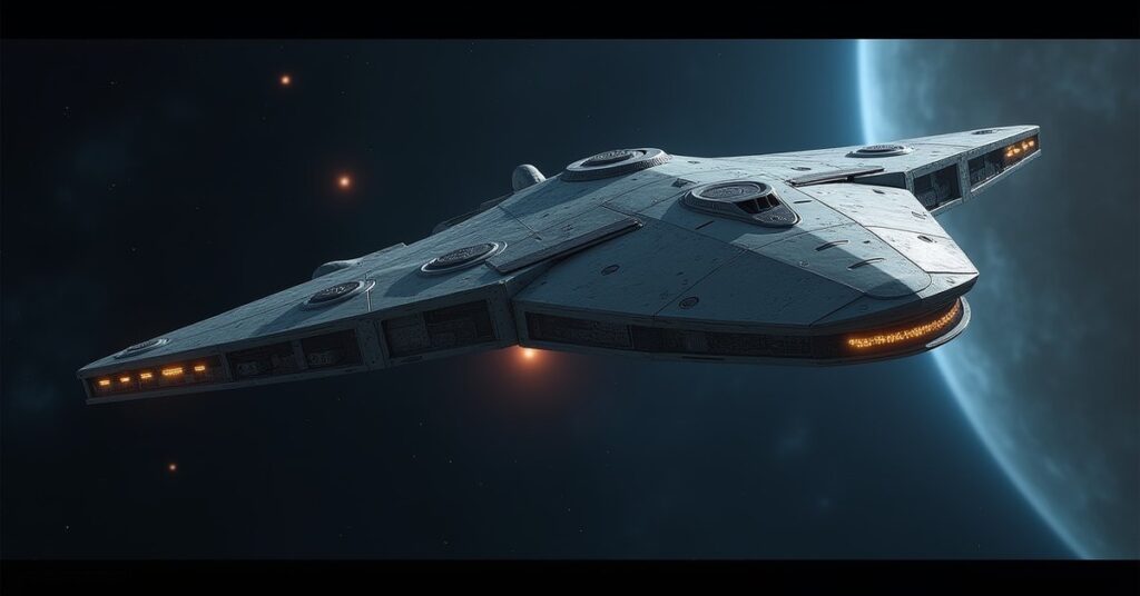 Takret Raiding Ship, a Federation Explorer-class hostile, in deep space in Star Trek Fleet Command