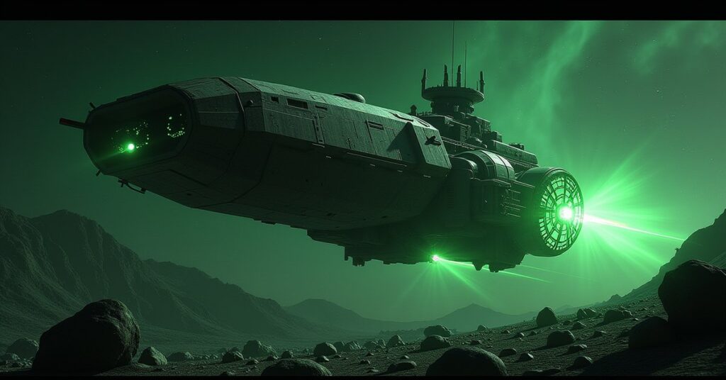 Serene Squall, an Epic pirate mining ship from Star Trek Fleet Command, mining in an asteroid field