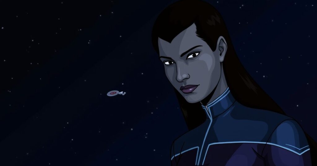 Star Trek Fleet Command portrait of Seska in Cardassian form against a dark starfield with cool rim lighting.