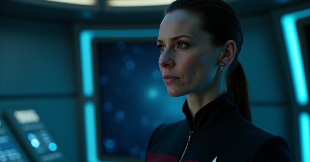 Portrait of Seven of Nine in Voyager-era Starfleet attire on a starship bridge with cool blue lighting.