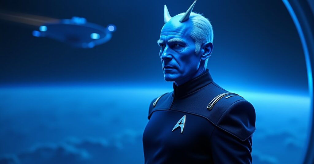 Andorian commander Shran in Imperial Guard uniform standing on a starship bridge, Star Trek Fleet Command officer art