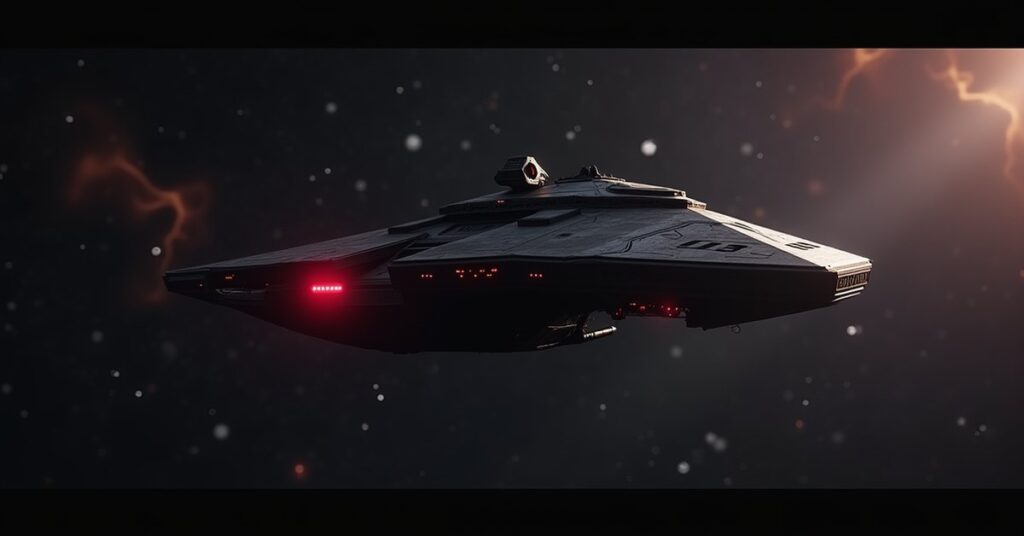 Silent Enemy hostile ship from Star Trek Fleet Command, a dark predatory raider in deep space