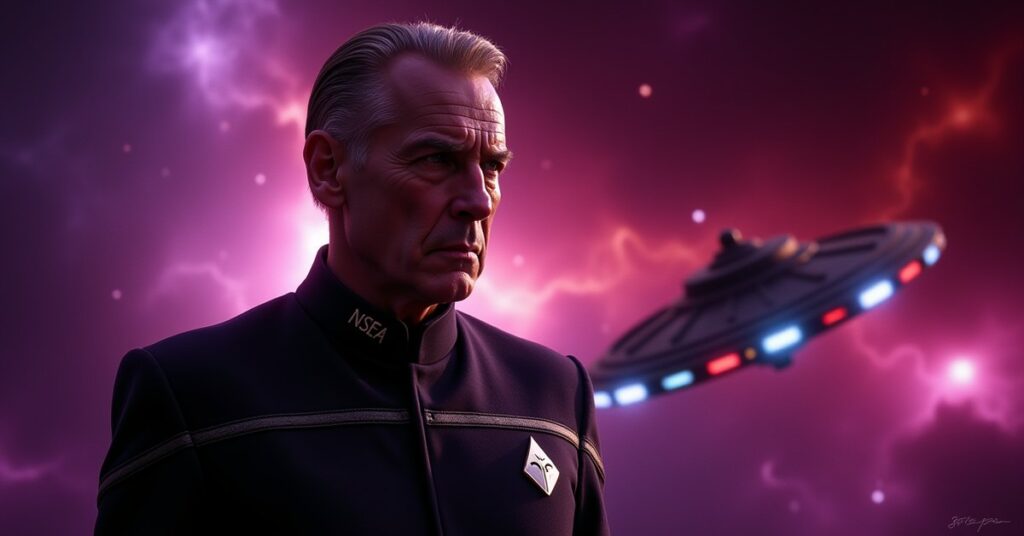 Sir Alexander Dane officer card portrait with the NSEA Protector and Mirror Universe nebula behind him.