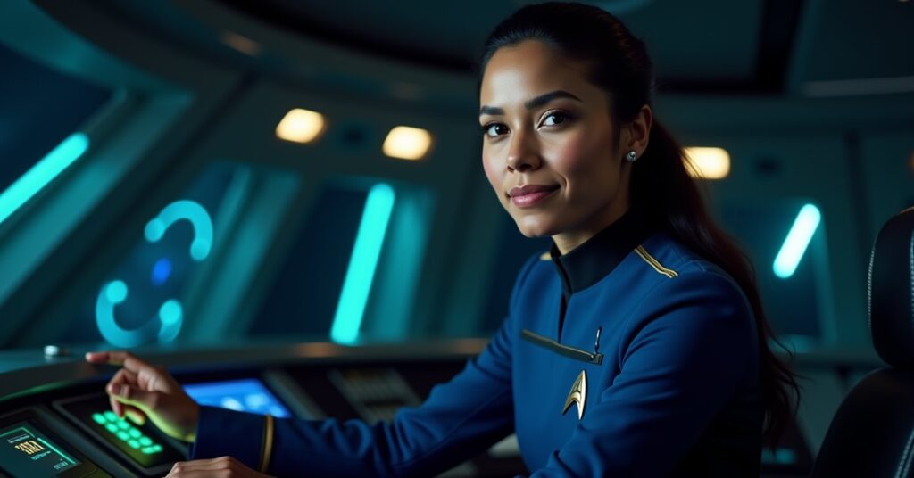SNW Erica Ortegas officer card art for Star Trek Fleet Command, a confident Starfleet helmsman at the bridge
