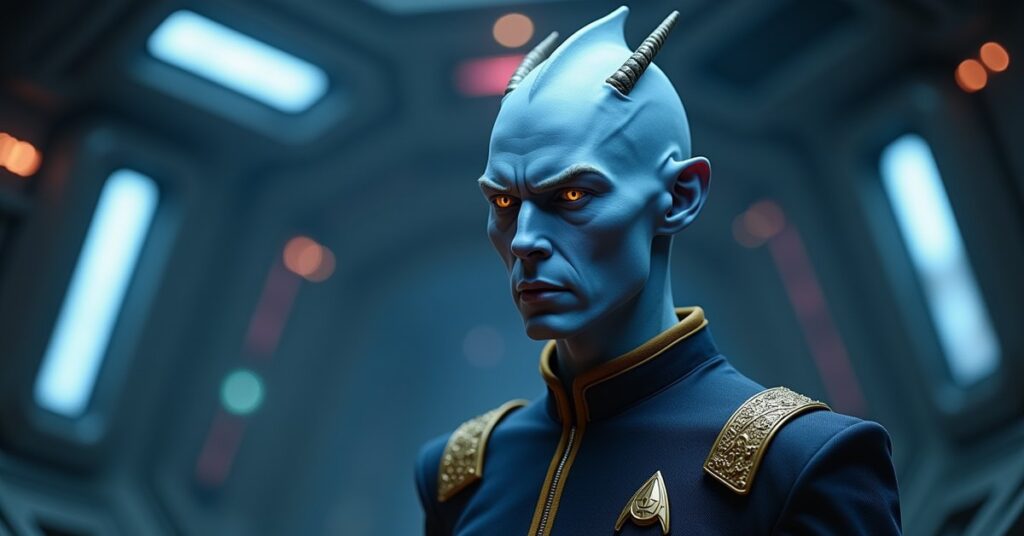 SNW Hemmer, the blind Aenar chief engineer, as a Star Trek Fleet Command officer card