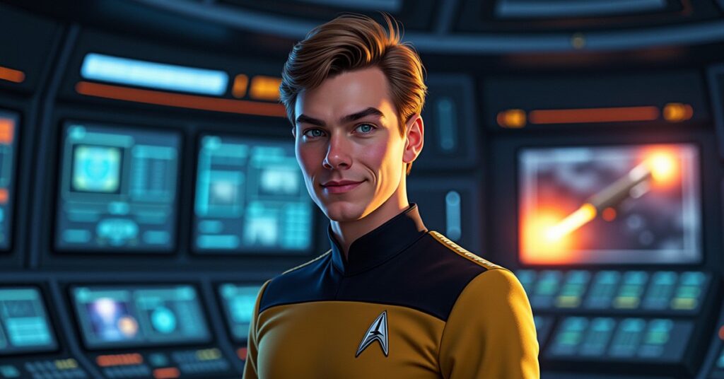 SNW James Kirk on the bridge of the U.S.S. Farragut in STFC officer card art.