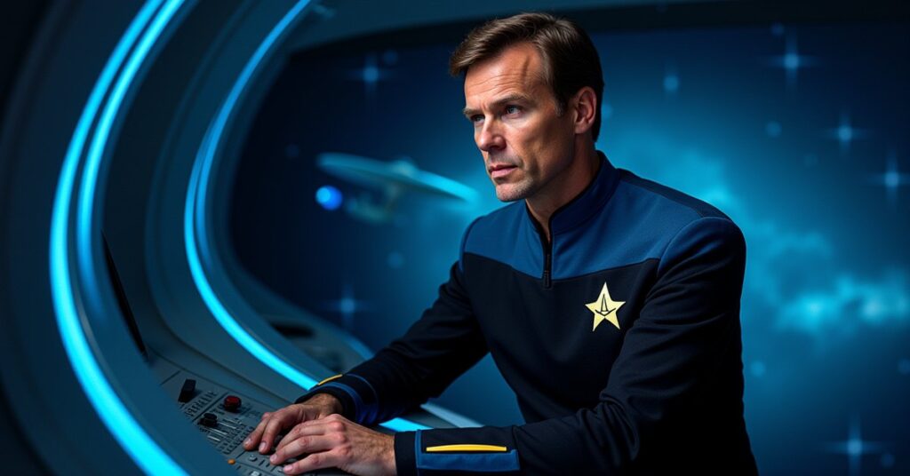 SNW Sam Kirk in Starfleet sciences uniform at a console aboard the USS Enterprise, STFC-style officer card art.