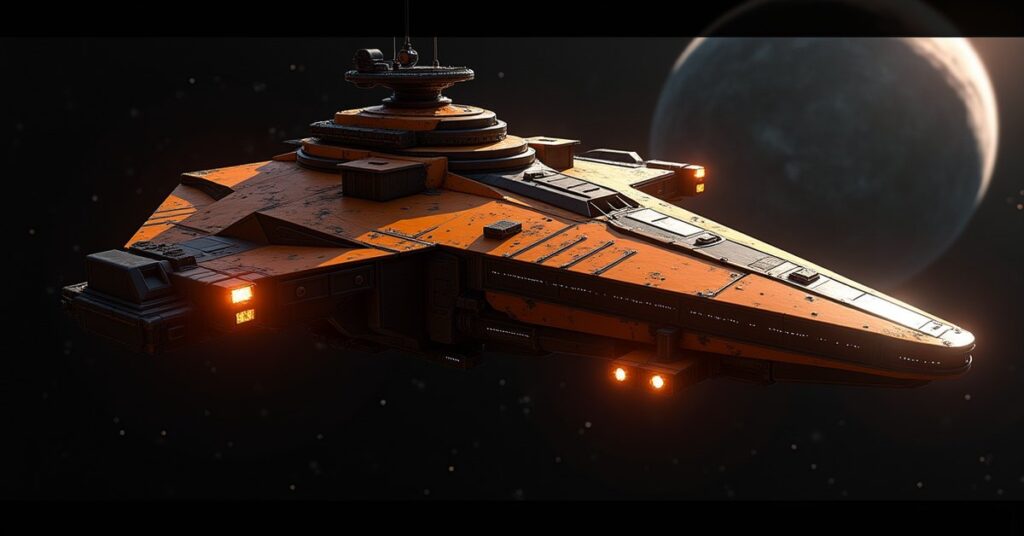 Sona Pirate battleship firing energy weapons in deep space, STFC game key art style