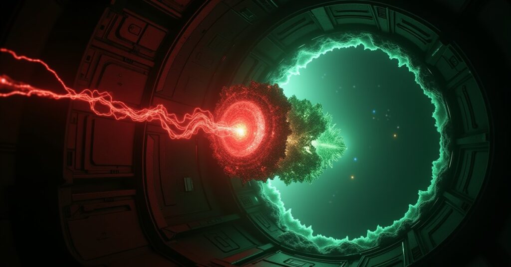 Key art of Soran's Trilithium Chaos Tech artifact glowing over a starship in Star Trek Fleet Command