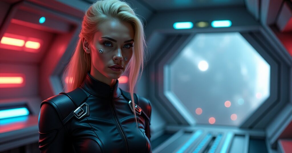 Specialist Seven officer card art for Star Trek Fleet Command, with Borg implants and a Federation combat uniform.