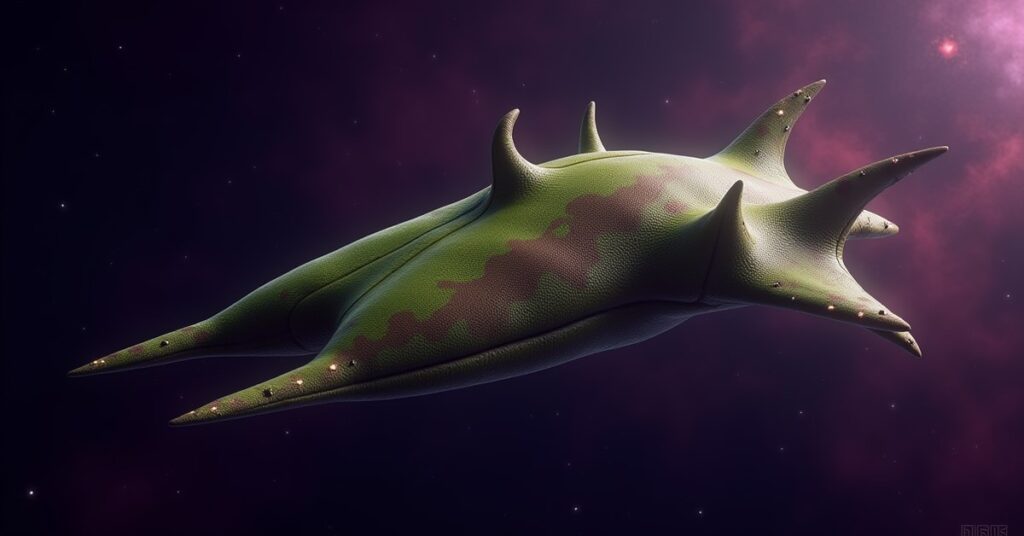 Species 8472 bio-ship, an organic Delta Quadrant vessel with a curved living hull, drifting in deep space