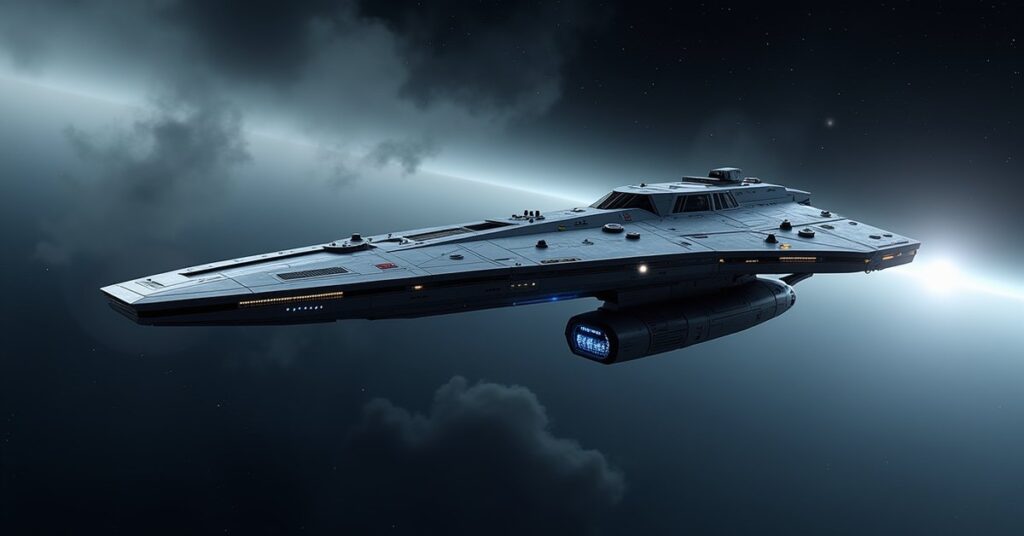 Starfleet Recon Federation Interceptor scout ship patrolling contested space, Star Trek Fleet Command key art style.
