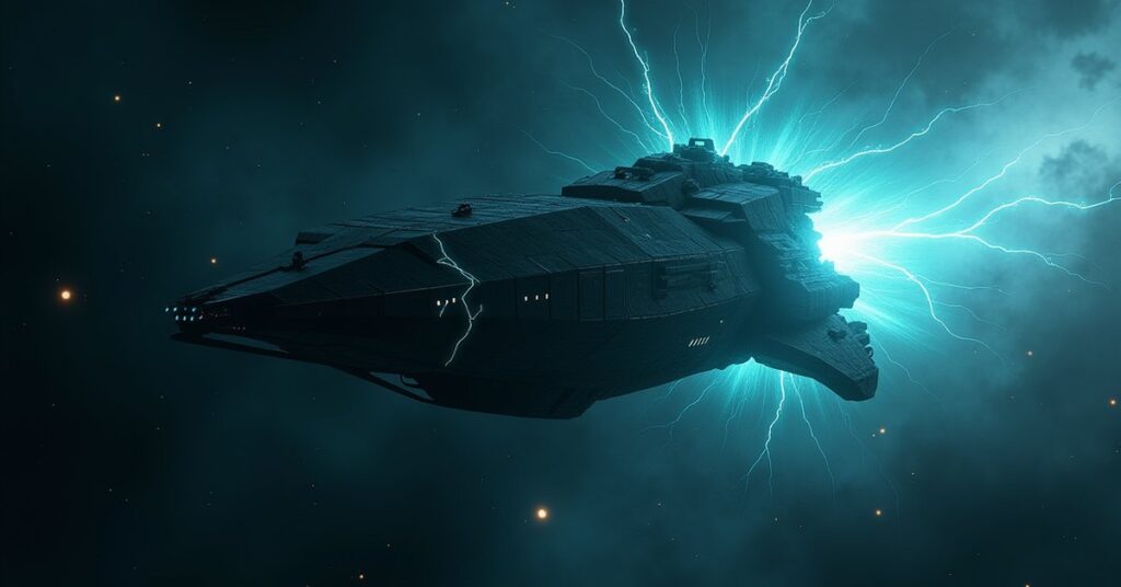 Colossal Krenim temporal warship surrounded by rippling spacetime distortion in Star Trek Fleet Command