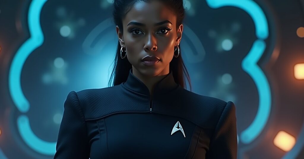 Strike Team SNW La'an officer card art for Star Trek Fleet Command, a Federation security chief in a combat pose.
