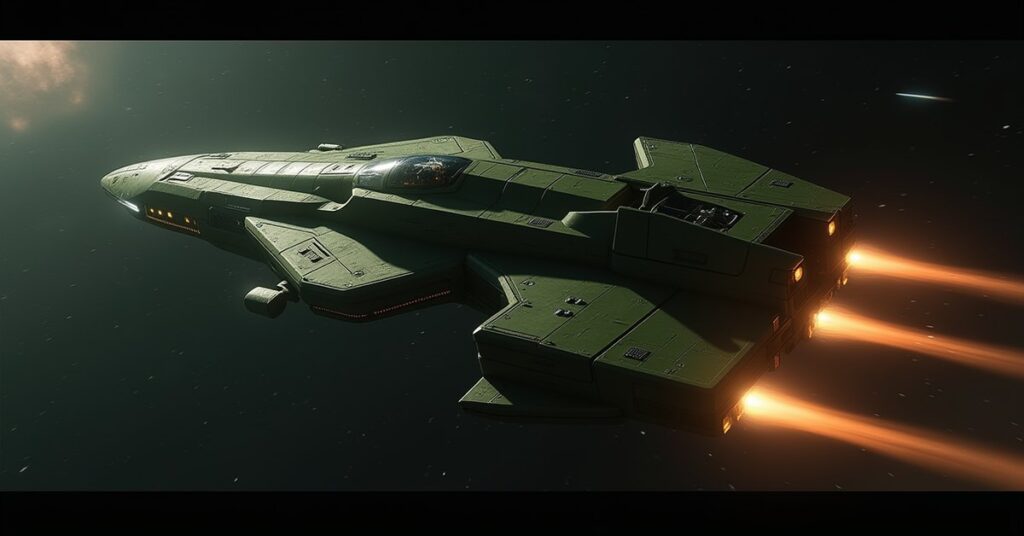 A Suliban Cabal Interceptor-class attack ship banking through deep space, STFC game key-art style