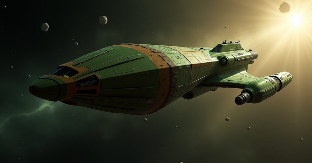 Suliban Bounty Hunter Explorer-class ship from Star Trek Fleet Command flying through neutral space