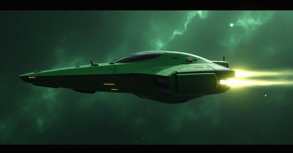 Suliban Cabal cell ship, a sleek green Interceptor-class hostile, in Star Trek Fleet Command
