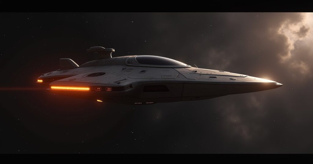 Suliban Nomad Interceptor, a sleek Suliban raider ship banking through a dim neutral star system in STFC