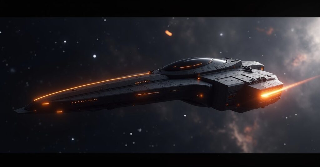Suliban Cabal Interceptor patrol ship on station in deep space, STFC key-art style